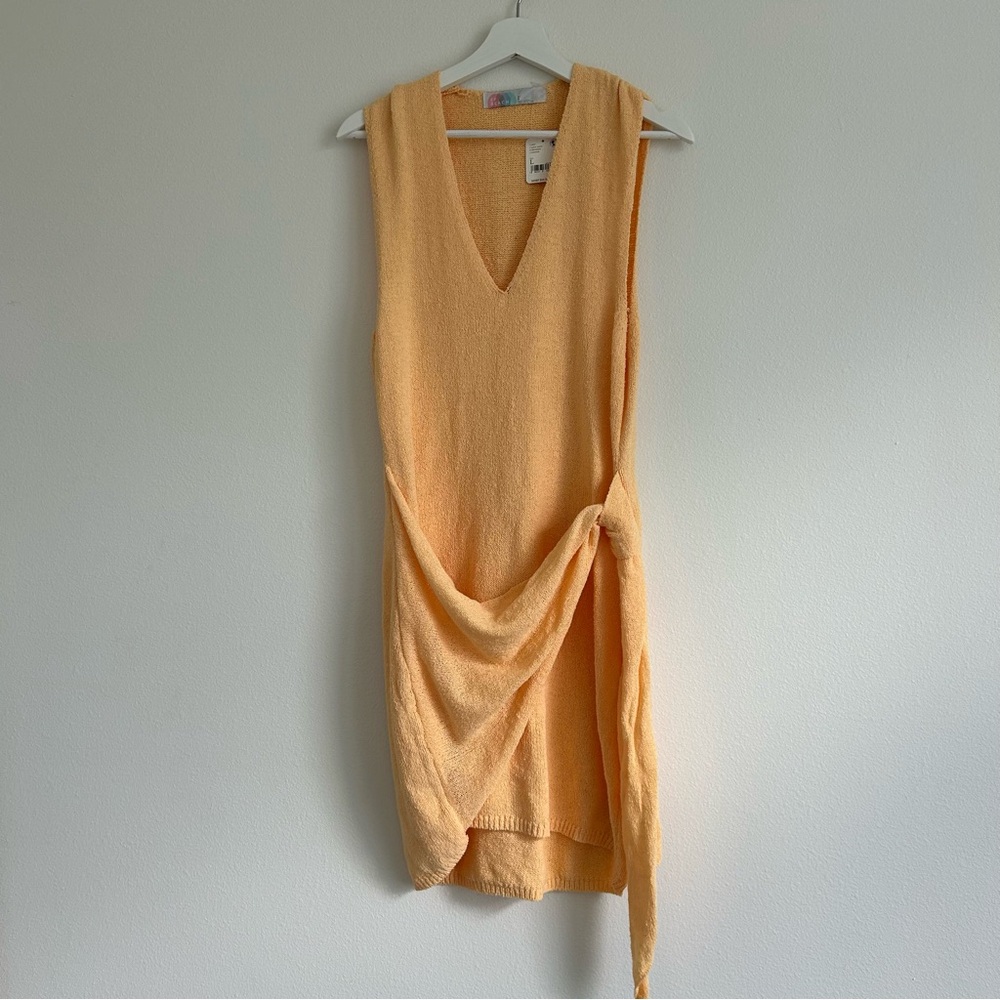 NWT Free People Beach Tangerine Orange Poppy V-Neck Knit Tie-Waist Dress - L